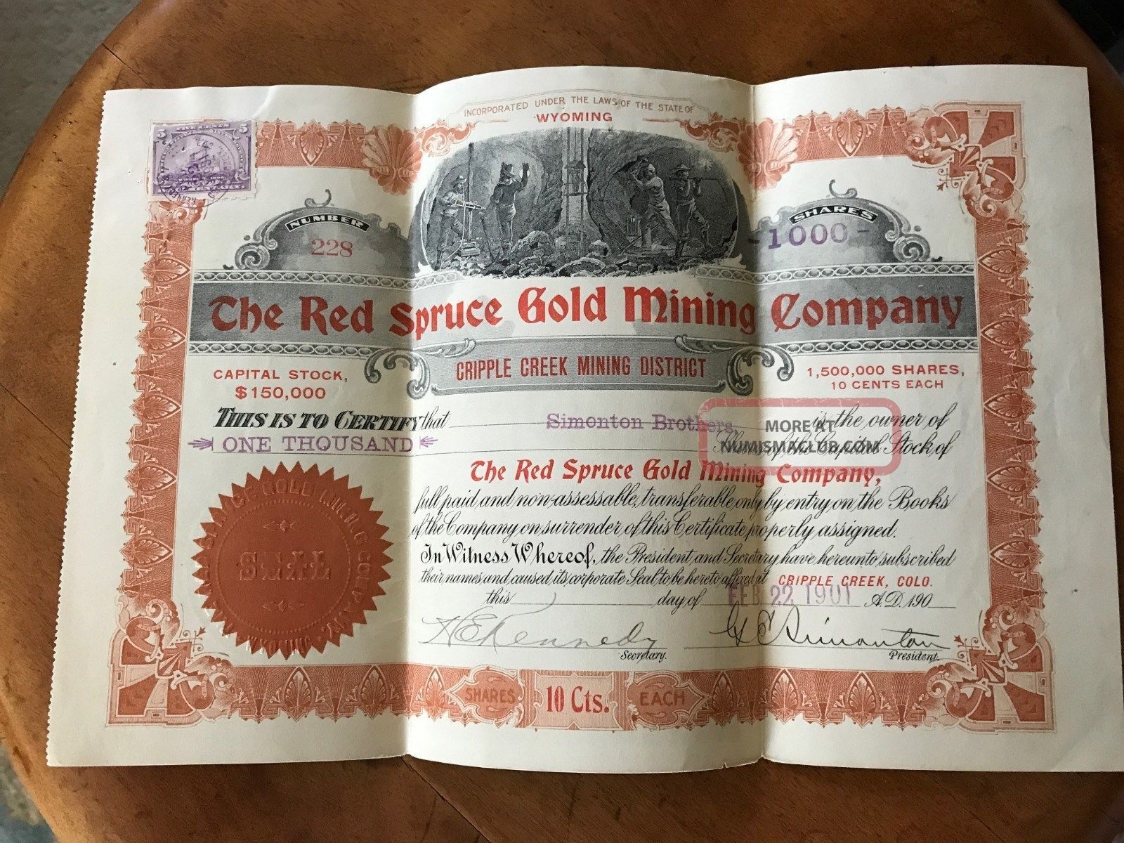 3 Stock Certificates1901 Red Spruce Gold Mining Co Cripple Creek Mining District Stocks & Bonds, Scripophily photo