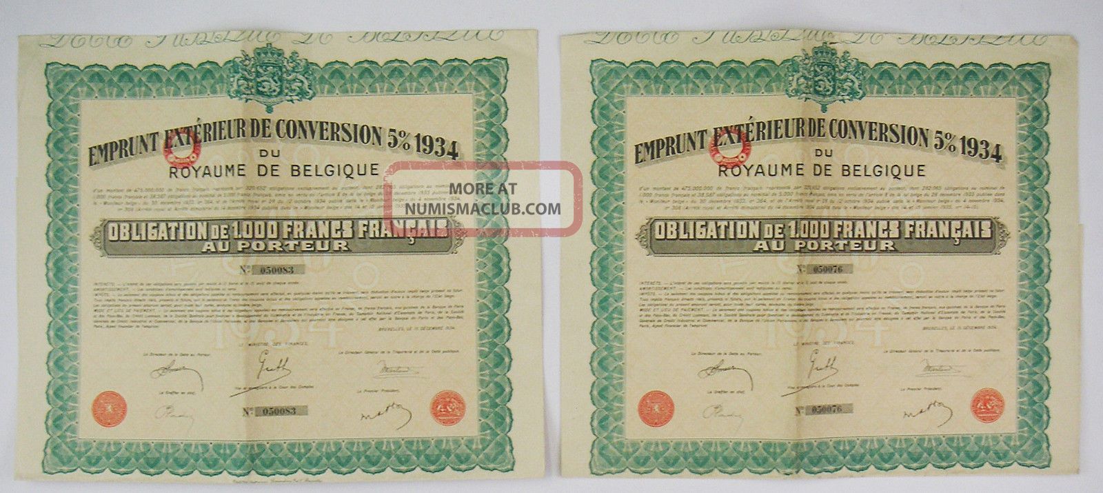 Belgium 1934 - Emprunt 5 Du Royaume De Belgique - Obligation 1000f (x2) Stocks & Bonds, Scripophily photo