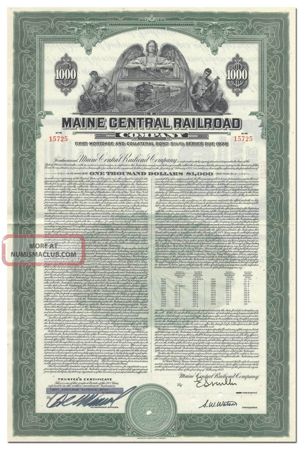 Maine Central Railroad Company Bond Certificate Transportation photo