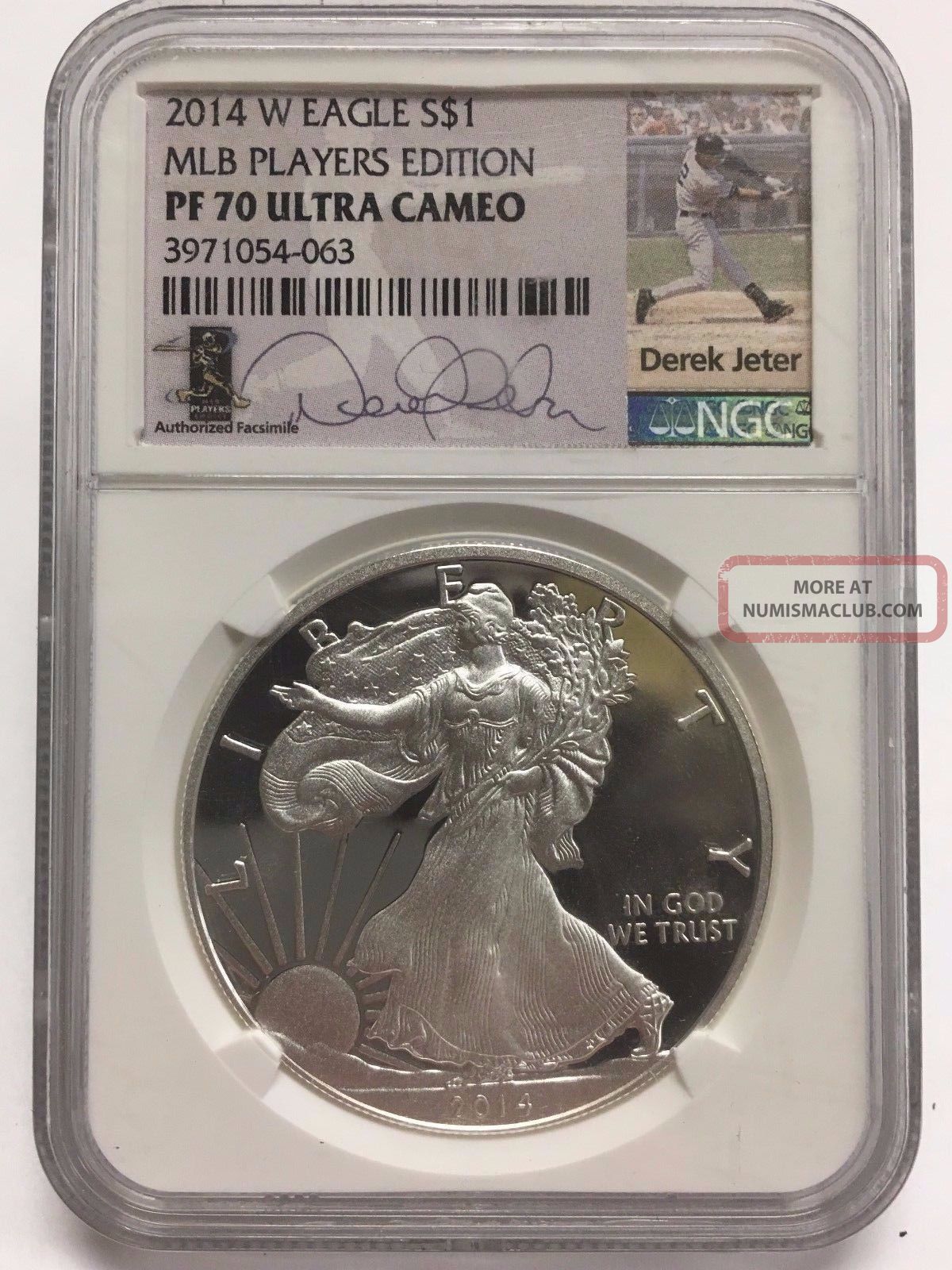 2014 W Ngc Pf 70 Ultra Cameo Mlb Signed Derek Jeter Silver Eagle Dollar $1 Coin Silver photo