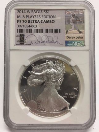 2014 W Ngc Pf 70 Ultra Cameo Mlb Signed Derek Jeter Silver Eagle Dollar $1 Coin photo