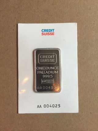 1 Ounce Credit Suisse Palladium Bar (in Assay).  9995 Pure photo