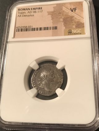 Ancient Roman Emperor Trajan 98 - 117 Ad Ar Denarius Silver Coin Ngc Vf - Scarce photo