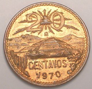 1970 Mexico Mexican 20 Centavos Sun Pyramid Coin Xf photo
