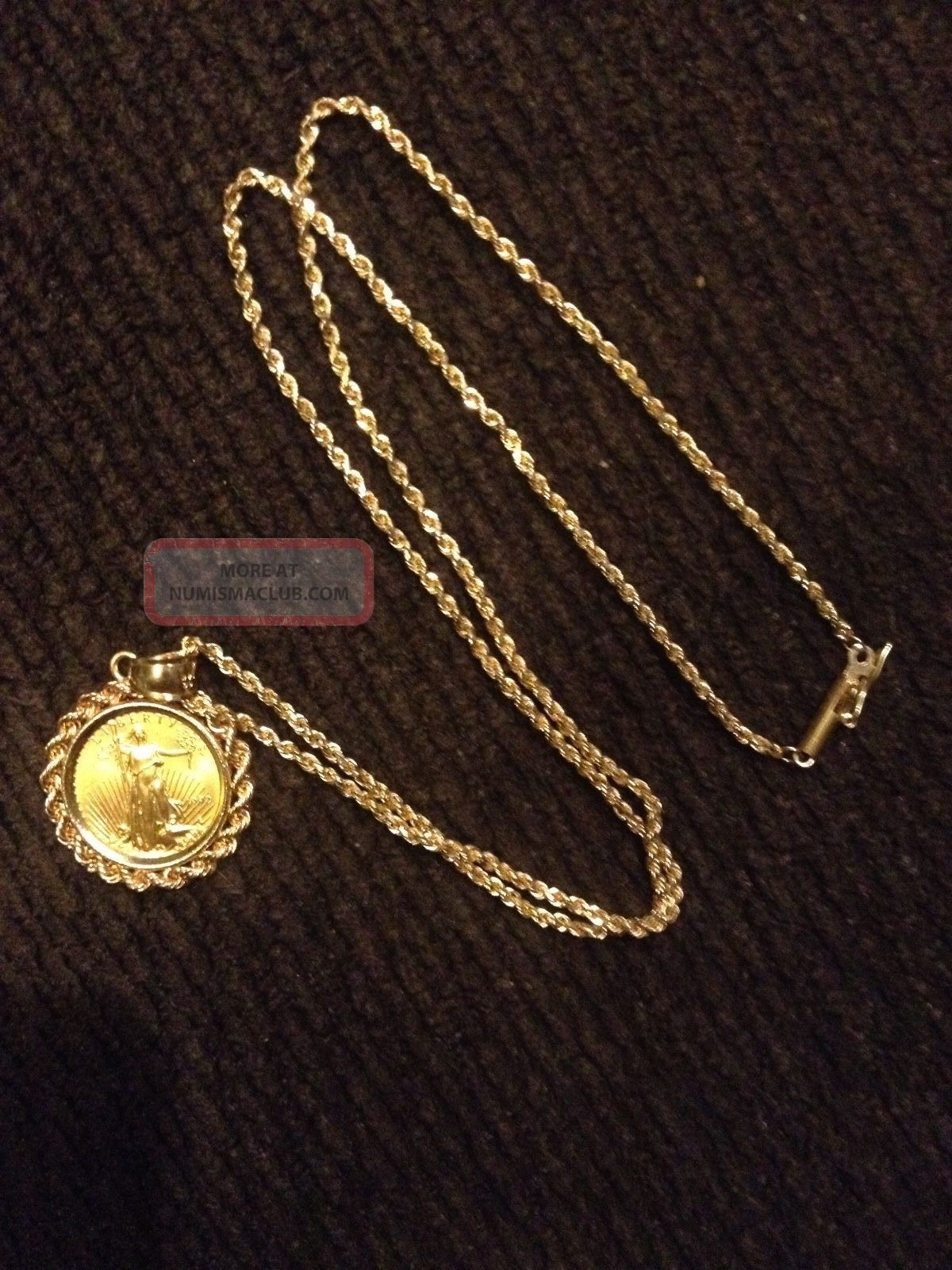 14k Yellow Gold Chain Necklace W/ Unique 1992 1/10th Oz.  $5 U.  S.  Gold Coin Gold photo