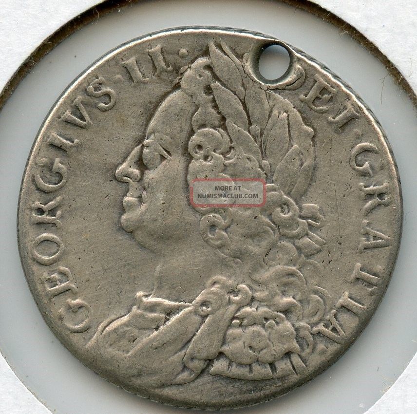 1758 Holed King George Ii F Fine Shilling Silver Coin Aa0549 UK (Great Britain) photo