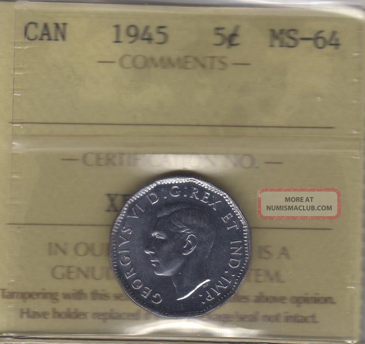 1945 Canada Five Cents (victory Nickel) Coin.  Iccs Ms - 64 Coins: Canada photo