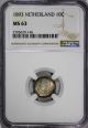 Netherlands Wilhelmina I Silver 1893 10 Cents Ngc Ms63 Young Head Km 116 Europe photo 1