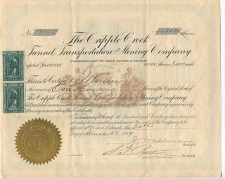 1899 Stock Certificate For Cripple Creek Tunnel,  Transportation And Mining Co. photo