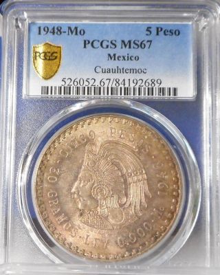 1948 Silver 5 Peso Mexico Pcgs Ms67 Cuauhtemoc photo