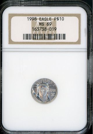 1998 - P $10 American Eagle Statue Of Liberty 1/10oz Platinum Ngc Ms 69 photo