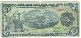 Mexico S1104a Gobierno Provisional De Mexico Veracruz 5 Pesos With D.  W.  H.  Initial photo