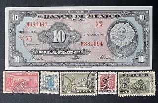 Old Mexico Banknote 1963 10 Diez Pesos Tehana P58j Plus Stamps 1813 photo