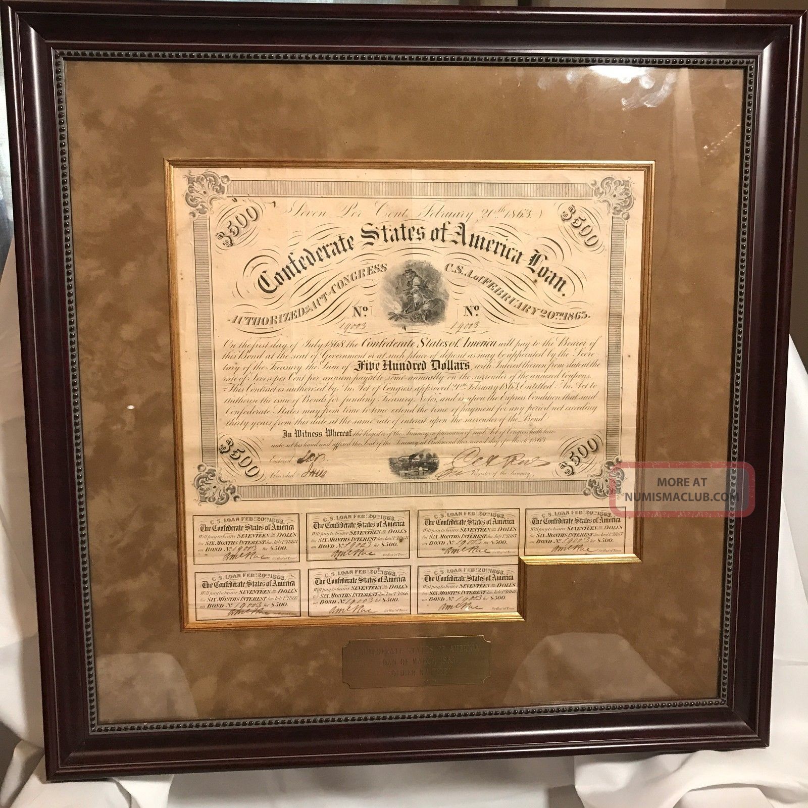 1863 Confederate Csa $500 Bond Loan Certificate W.  Coupons - Beautifully Framed Paper Money: US photo