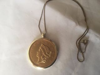 1854 Gold Coin Pendant With Gold Bezel And Chain Marked Copy On Back photo