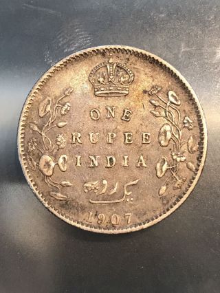 1907 British India King Edward Vii One Rupee Silver Coin,  7/17/17 photo