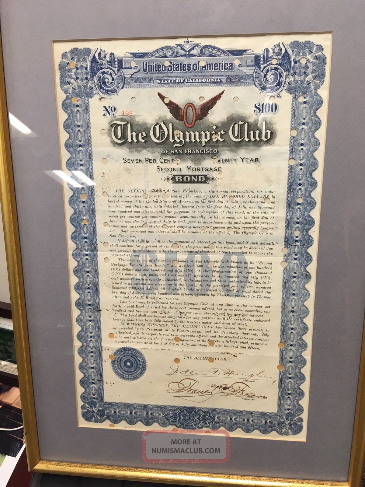 1915 Rare Olympic Club Bond Certificate Transportation photo