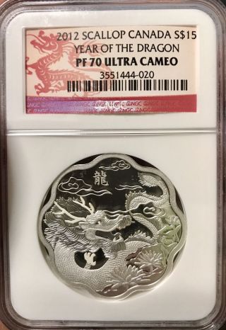 Canada 2012 Scallop Edge Silver $15 Year Of Dragon Ngc Pf70 Ultra Cameo photo