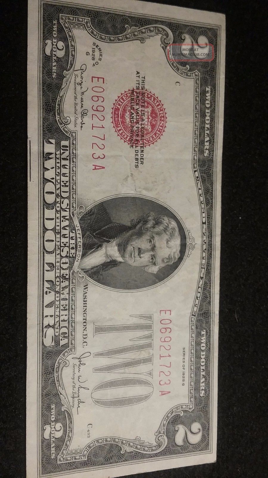 1928 - G $2 Two Dollar Red Seal Note Bill In Small Size Notes photo