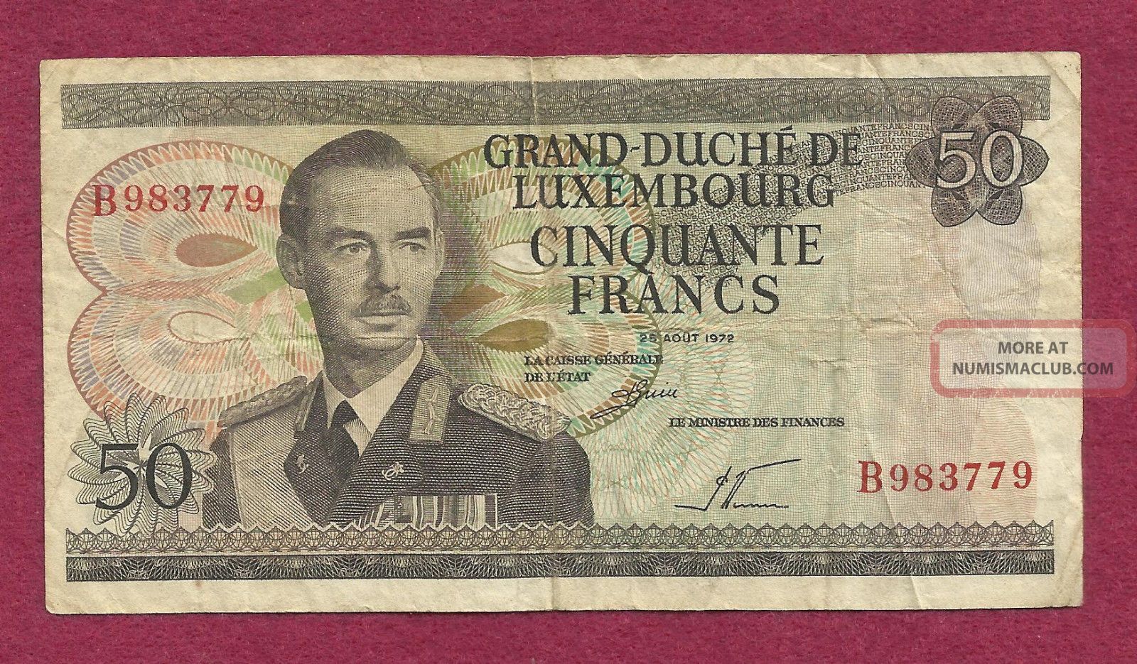 Luxembourg 50 Francs 1972 Banknote B983779 - Grand Duke Jean/workers In Factory Europe photo
