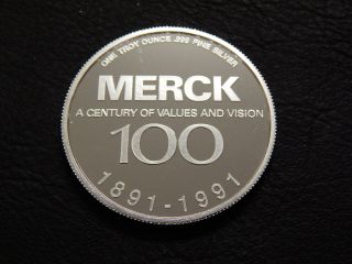 Merck Co.  - 1 Troy Oz - 1991 Pharma - Silver Round - Bullion Low Mintage.  999 photo