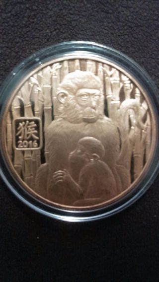 2016 Lunar Year Of The Monkey 24 K Gold Gilded Silver Round 1 Troy Oz.  999 Fine photo