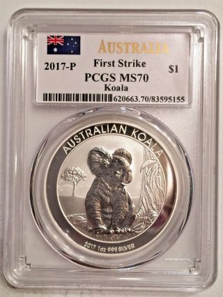 2017 - P Australia 1$ Koala First Strike Flag Label Pcgs Ms70 1oz.  999 Silver photo