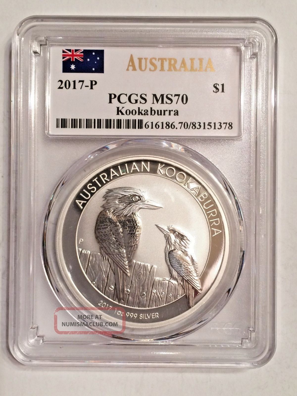 2017 - P Australia 1$ Kookaburra Flag Label Pcgs Ms70 1oz.  999 Silver Australia photo