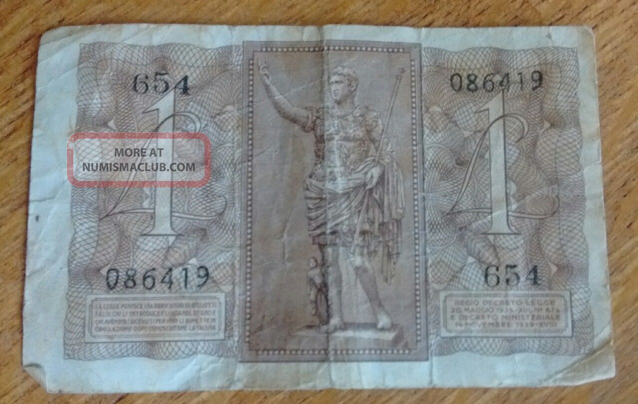 Italy / Italia 1939 1 Lira / Ww2 Circulated Banknote Europe photo