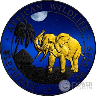 Elephant Night Ruthenium Wildlife 1 Oz Silver Coin 100 Shillings Somalia 2017 photo