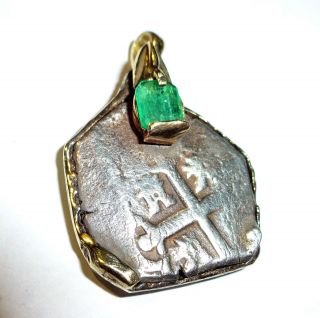 Silver Spanish 2 Reales Treassure Cob Coin 14k & Emerald Pendant No Resv photo