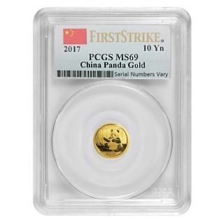 China Panda Gold - First Strike - Pcgs Ms69 - 2017 1 Gram Gold Coin photo