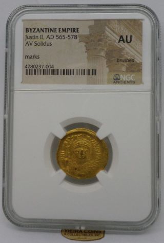 Ad 565 - 578 Byzantine Empire Gold Justinian Ii,  Av Solidus,  Ngc Au Brushed - B945 photo