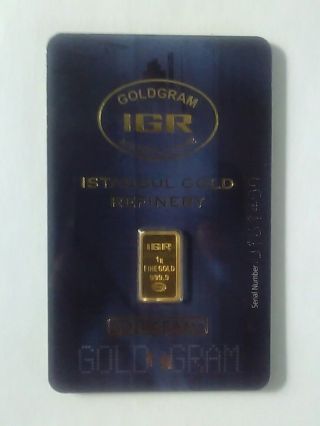 1 Gram 999.  9 24k Gold Bar Istanbul Gold Refinery Igr (in Assay) photo