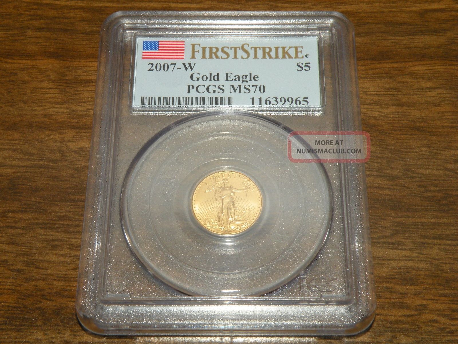 2007 - W $5 American Gold Eagle Pcgs Ms70 First Strike Flag Label Gold photo