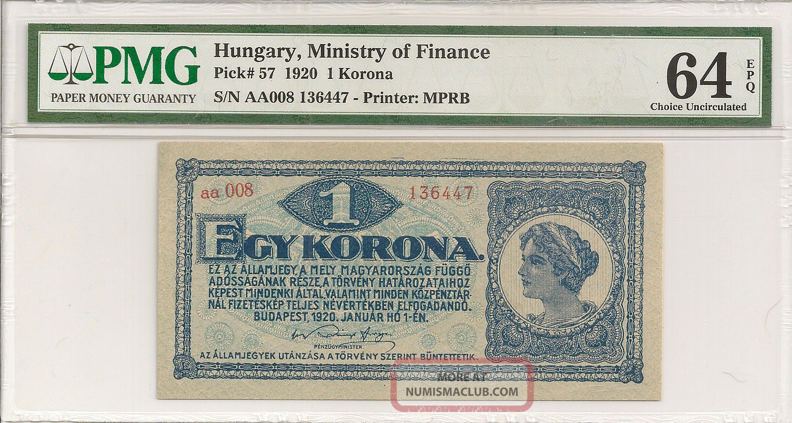 P - 57 1920 1 Korona,  Hungary,  Ministry Of Finance,  Pmg 64epq Finest Known Europe photo