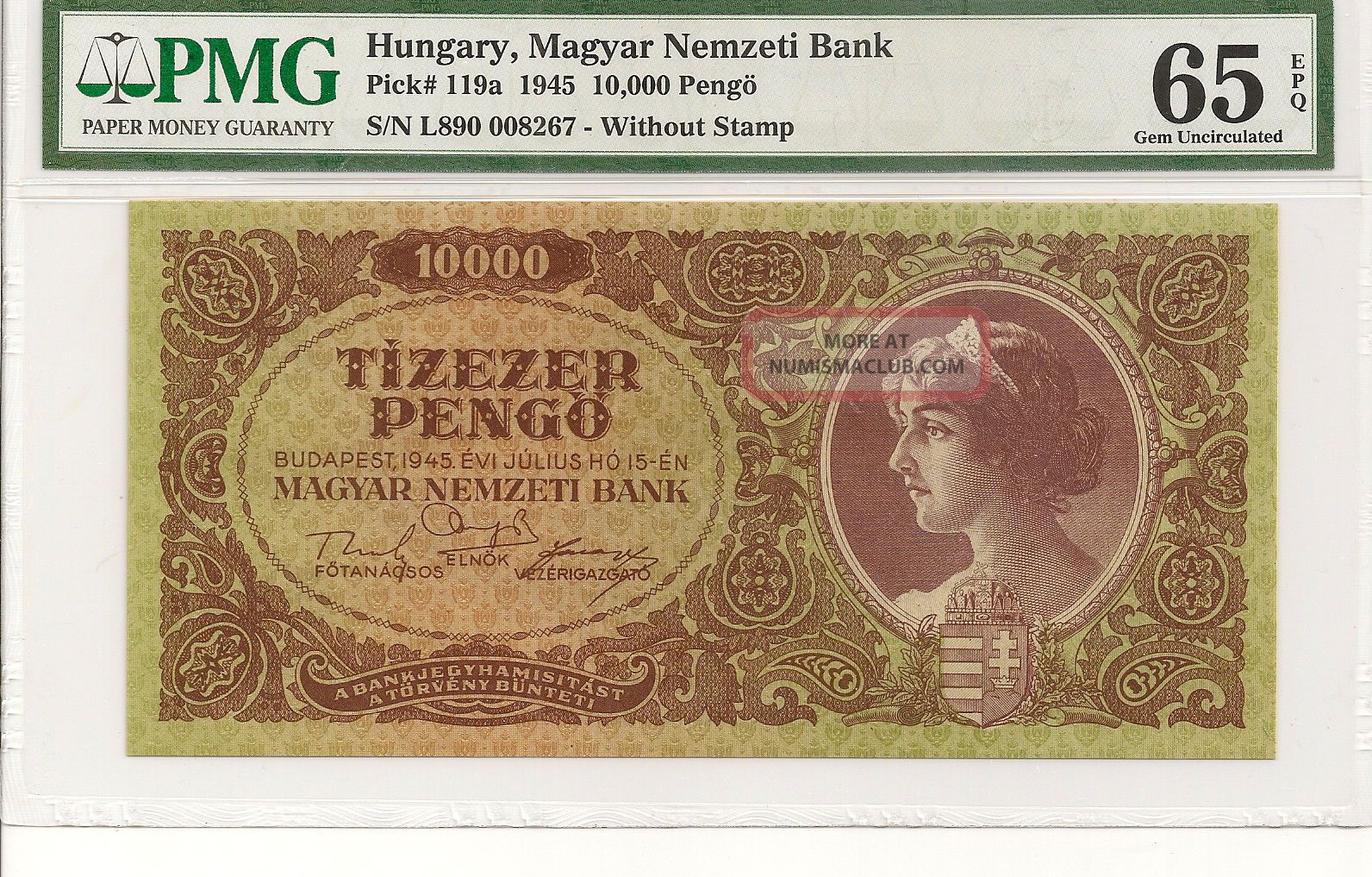 P - 119a 1945 10,  000 Pengo,  Hungary National Bank,  Pmg 65epq Europe photo