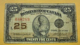 1923 Dominion Of Canada 25 Cent Bank Note Shinplaster Circulated Fractional 8 photo