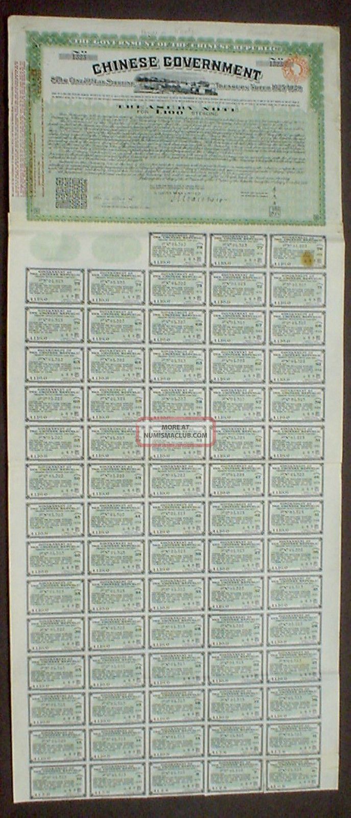 Chinese Government 100 P.  Sterling Treasury Note Uncanc.  Coupon Sheet In Default Stocks & Bonds, Scripophily photo