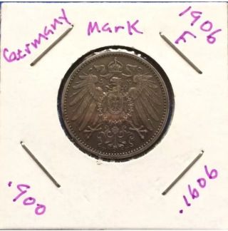 Rare 1906 - F German Empire 1 Mark.  Authentic Toning Au Better Date photo