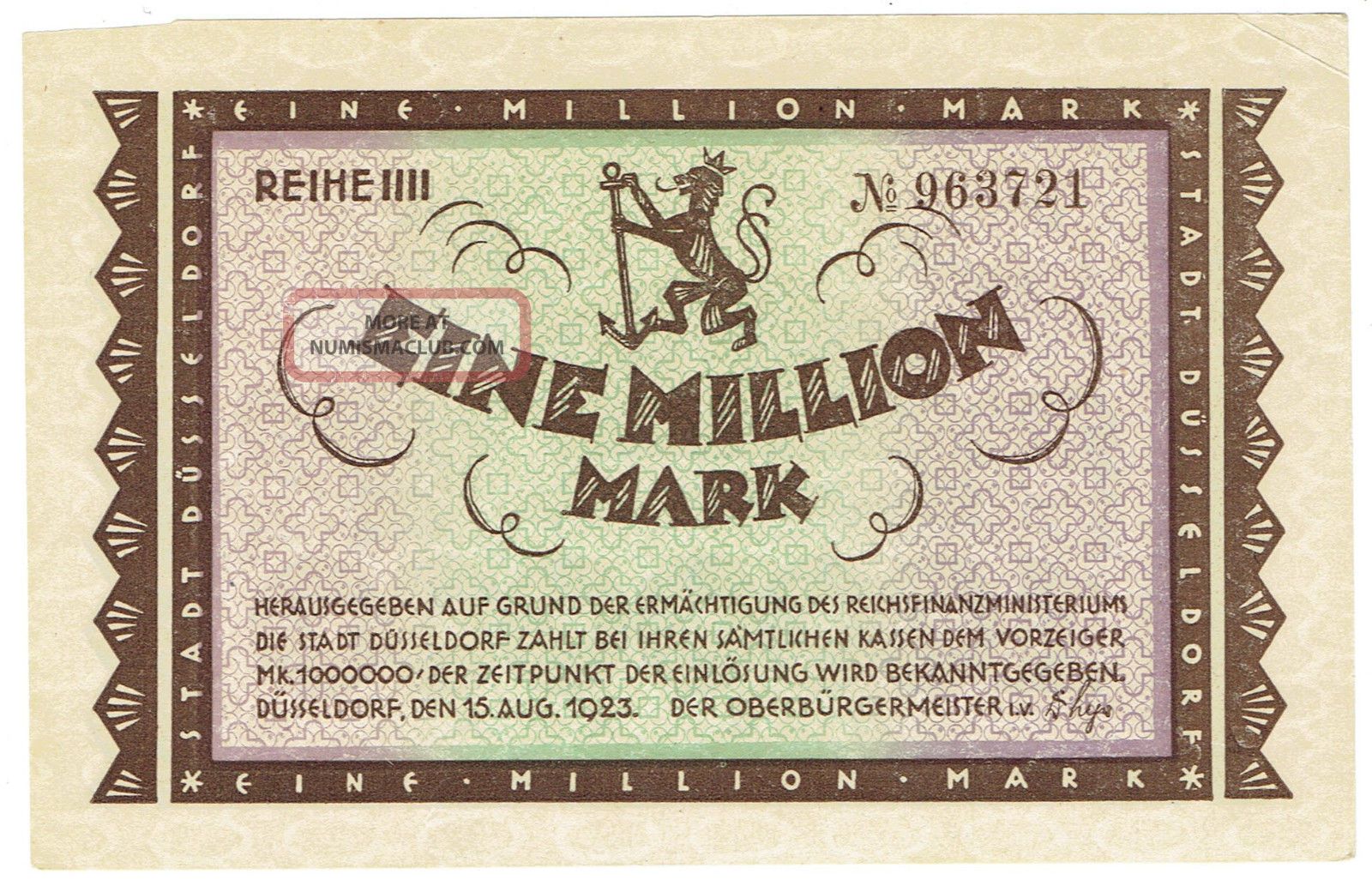 Germany 1923 Dusseldorf 10,  000,  000 Mark Watermarked Note Europe photo