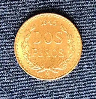 1945 Dos Pesos Gold Mexico Uncirculated.  Mirror Finish photo