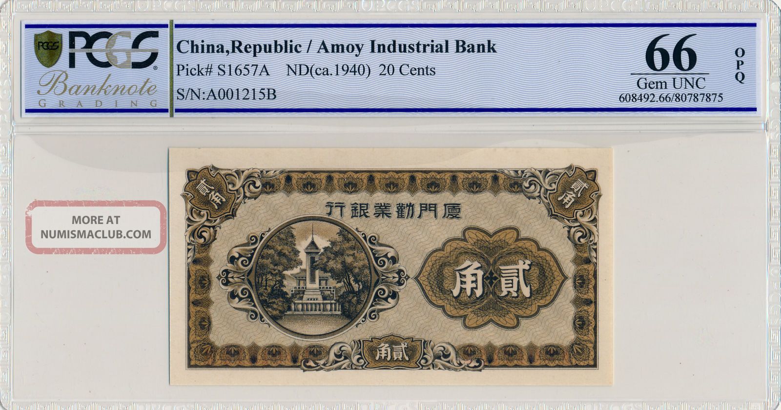 Amoy Industrial Bank China 20 Cents Nd (1940) Low No.  001215 Pcgs 66opq Asia photo