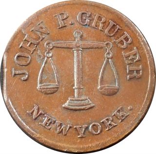 1863 Nyc Ae Store Card Token: John P.  Gruber,  Apothecary,  Clipped Planchette (r1 photo
