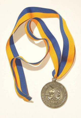 1994 Baa 98th Boston Marathon Pewter Unicorn Finisher Medal & Ribbon Unengraved photo