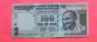 India 100 Rs Subbharao 2011 Fancy Serial Number 5cf 666666 Aunc To Note photo
