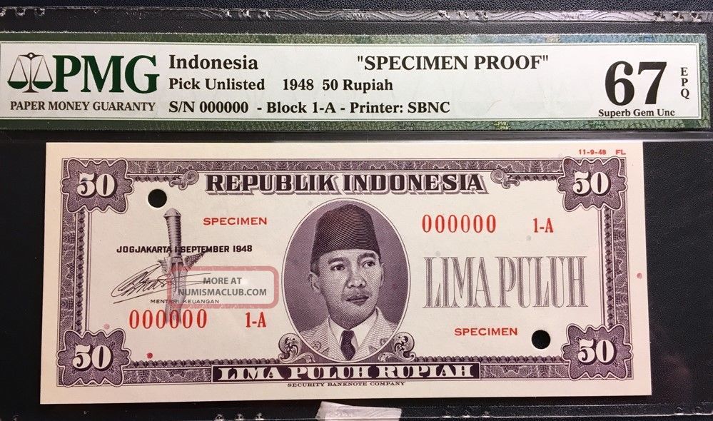 Republik Indonesia 1948 Essay Specimen Note 50 Rupiah Pmg Gem Unc 67 Epq Asia photo