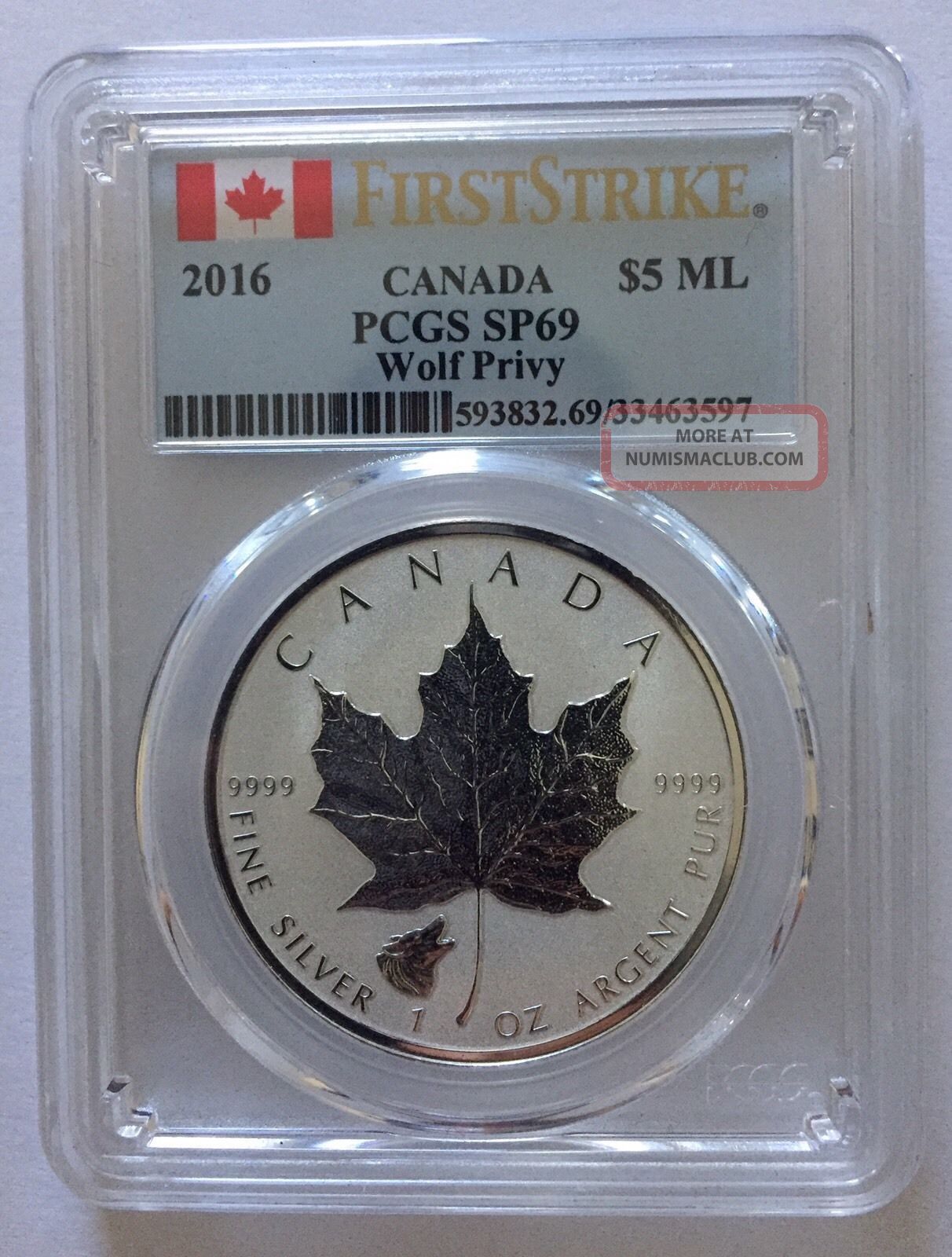 2016 Wolf Privy Canadian Silver Maple Leaf Reverse Proof Coin Pcgs Sp69 Fs Commemorative photo