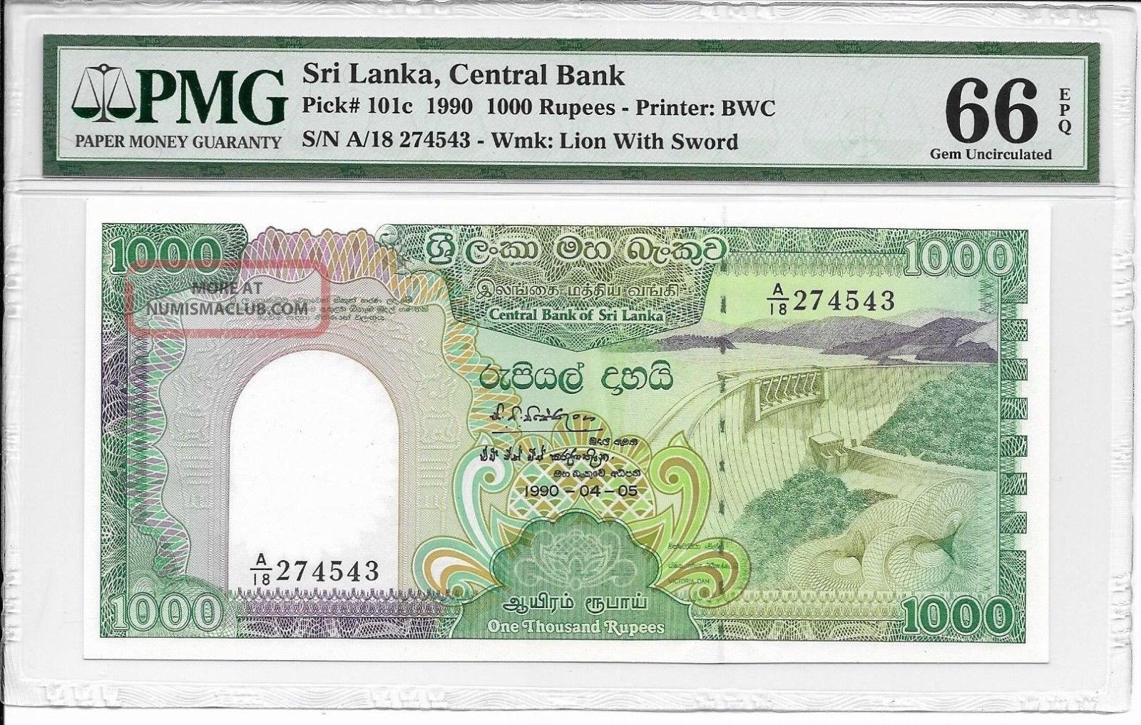 Sri Lanka,  Central Bank - 1000 Rupees,  1990.  Pmg 66epq.  Rare In. Asia photo