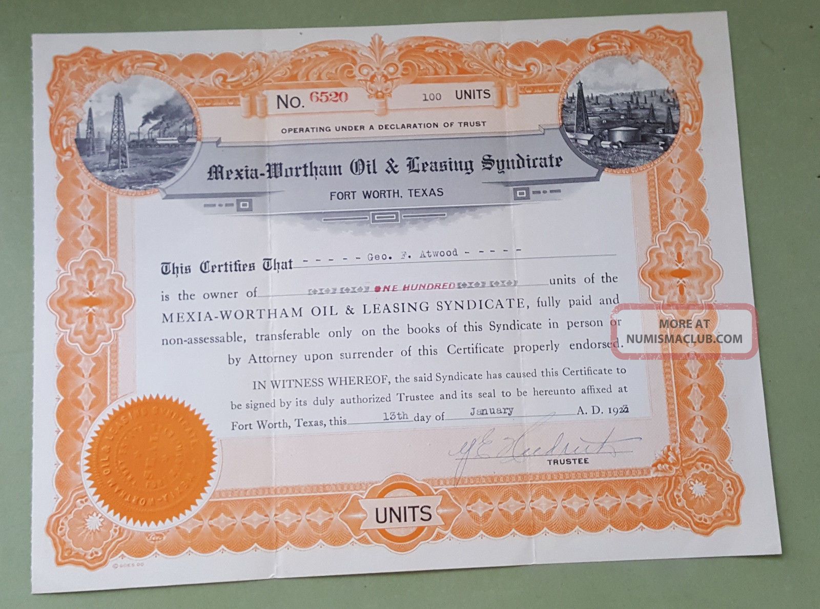 Mexia - Wortham Oil & Leasing Syndicate Certificate.  Fort Worth,  Texas Jan 1923 Stocks & Bonds, Scripophily photo